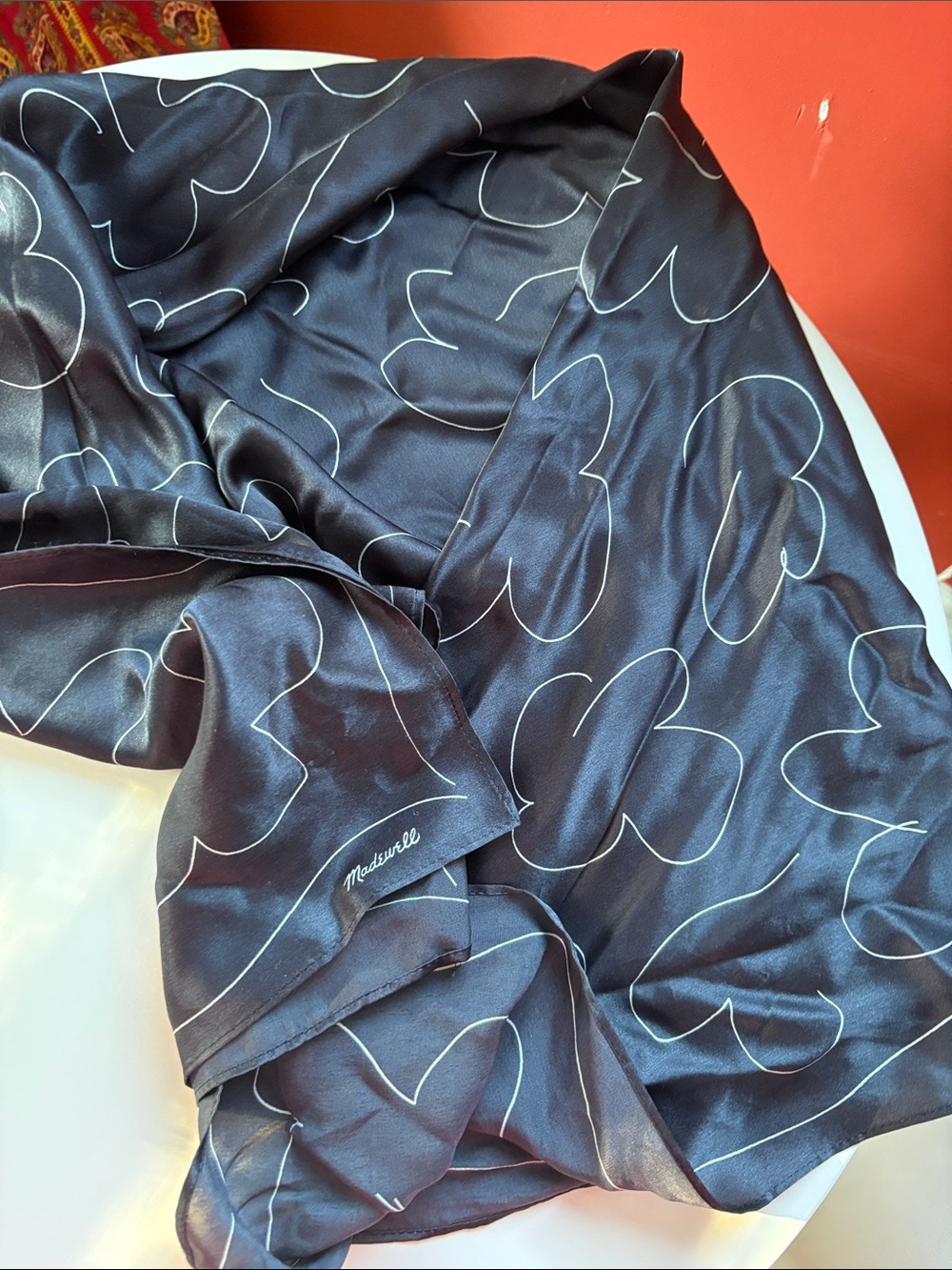 Madewell Black Silk scarf with White abstract Outline